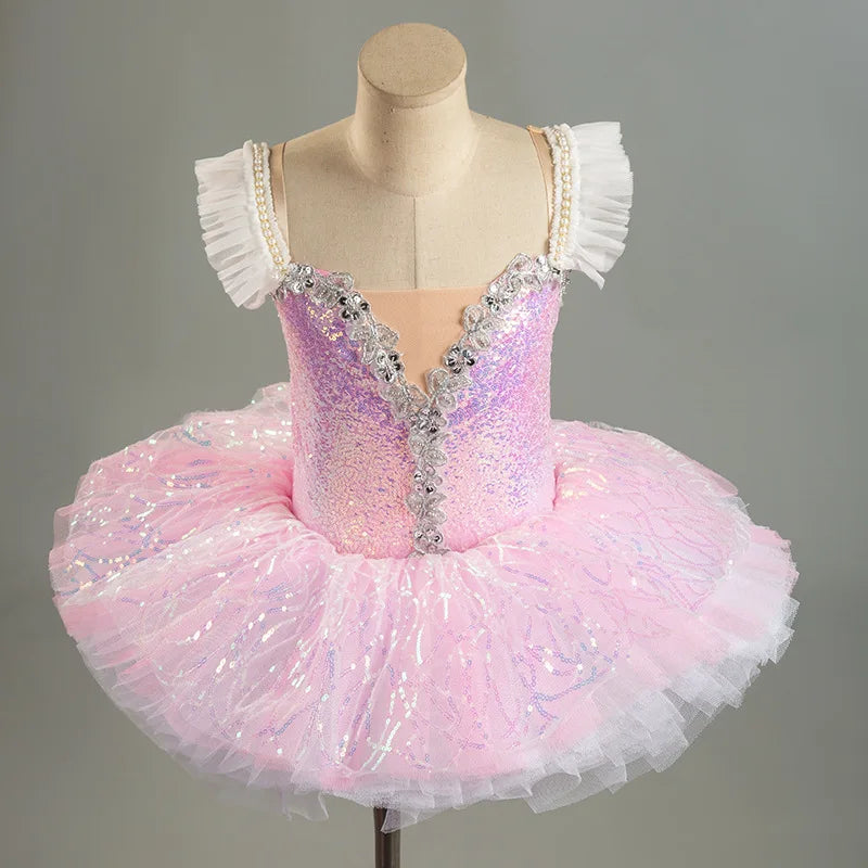 Professional Ballet Tutu Dress Kids Sweet 3D Mesh Skirted Leotard Children Gymnastics Practice Wear Stage Performance Outfits