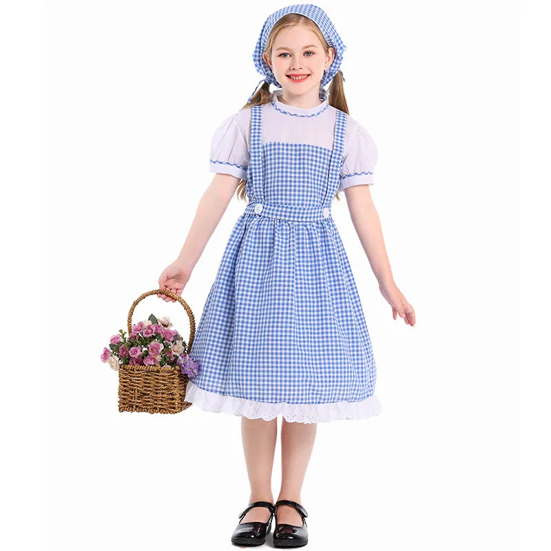 Blue Plaid Girls Dress with Headscarf Kids Gingham Maid Costume Children Fairy Tale Role Play Halloween Stage Performance Cloth