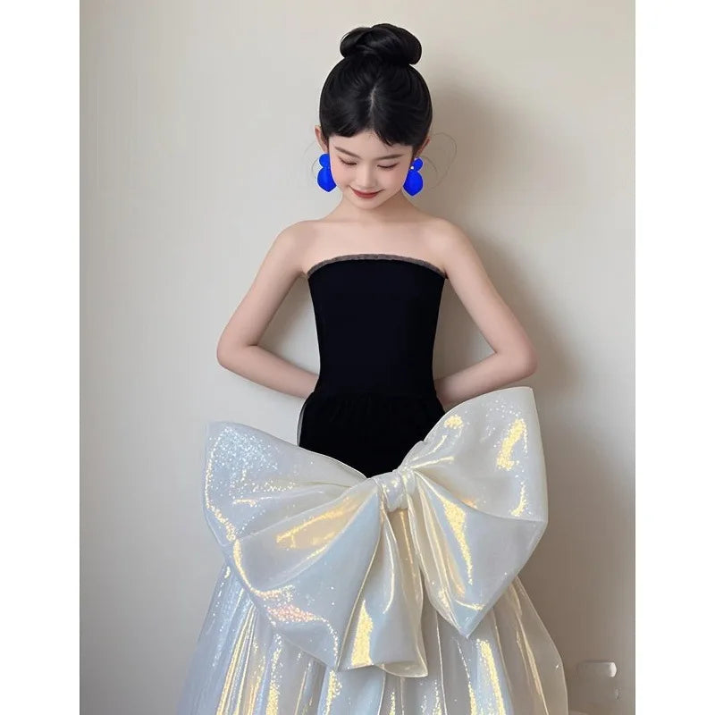 Luxury Color Block Girls Princess Dress Kids Catwalk Show Gown Elegant Long Tulle Performance Dress Children Host Show Vestidos