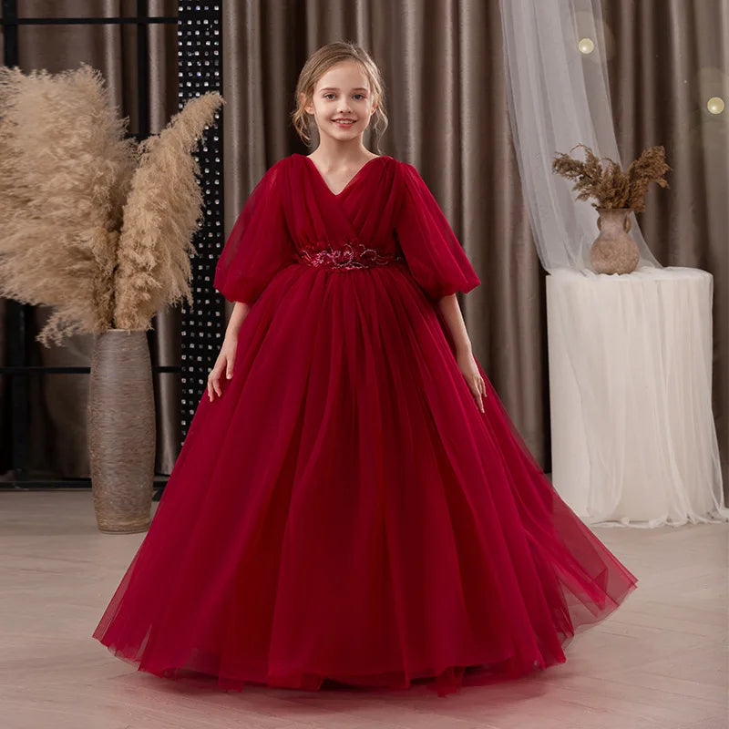 Luxury Girls Princess Dress Elegant Long Mesh Tulle Gown Big Kids Formal Party Event Dress Child Piano Performance Show Outfits