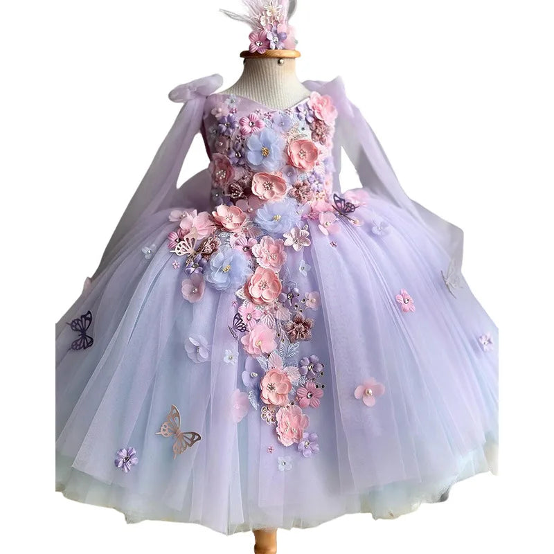 Girls Purple Tulle Dress Bow Princess Dress Kids Flower Girl Wedding Party Birthday Performance Gown