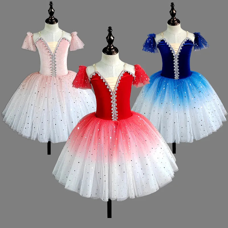 Sequin Girls Ballet Tutu Dress Kids Gradient Ombre Long Tulle Skirt Children Princess Party Gown Stage Performance Dance Wear