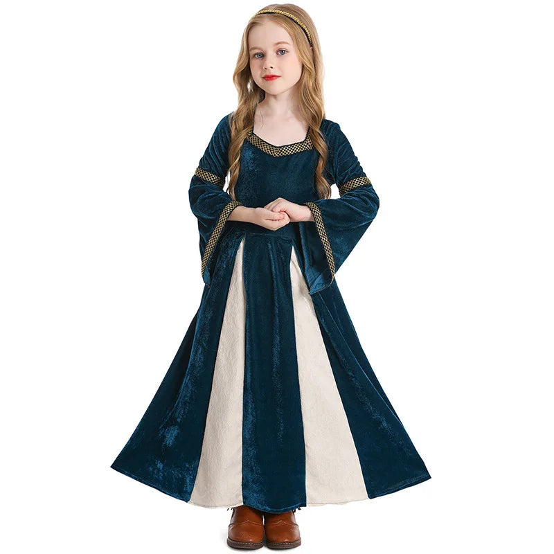 Renaissance Medieval Girls Costume Kids Victorian Royal Court Dress Children Vintage Flare Sleeve Gown Stage Performance Outfits