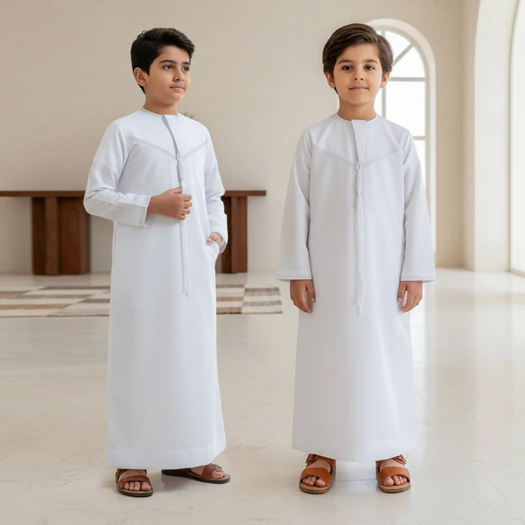 Muslim Kids Thobe Boys Islamic Kaftan Robe Children Arabic Saudi Abaya White Long Gown Ramadan Eid Prayer Performance Clothing