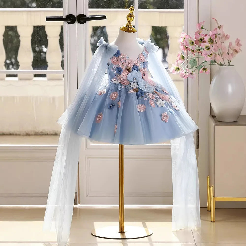Luxury 3D Floral Girls Dress for Wedding Kids High-end Piano Performance Gown Children Host Catwalk Outfits Birthday Party Wear