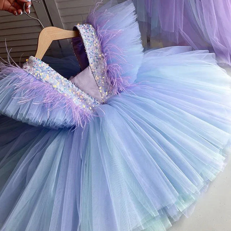 Girls Princess Dress Sequin Mesh Tulle Puffy Gown Kids Sweet Birthday Party Dress Baby 1st Birthday Performance Vestidos