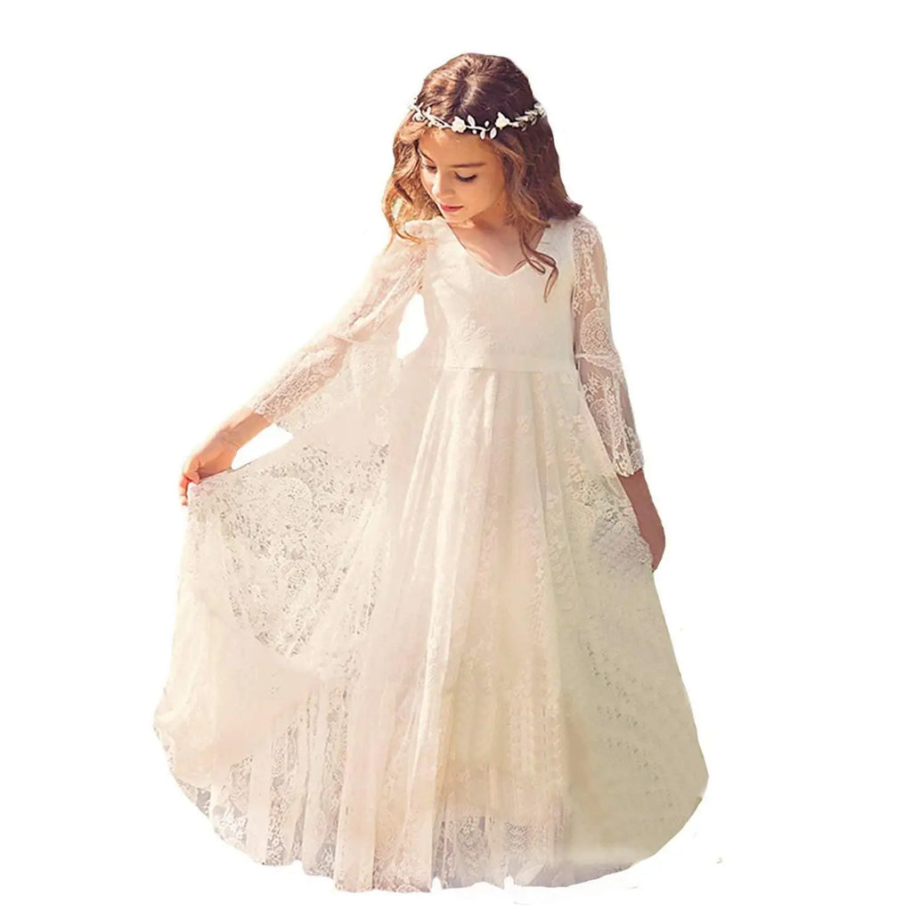 Elegant Lace Girls Princess Dress Long Sleeve Kids Flower Girl Wedding Gown Children Host Piano Performance Party Dress Vestidos
