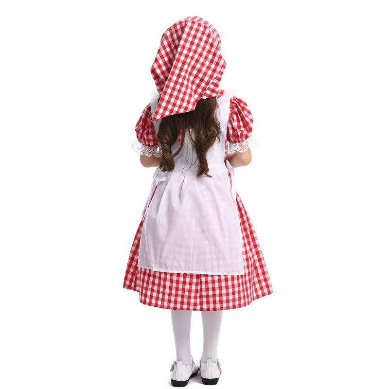 Retro American Farmhouse Girls Dress Kids Red Plaid Gingham Maid Costume Children Fairy Tale Role Play Halloween Party Outfits