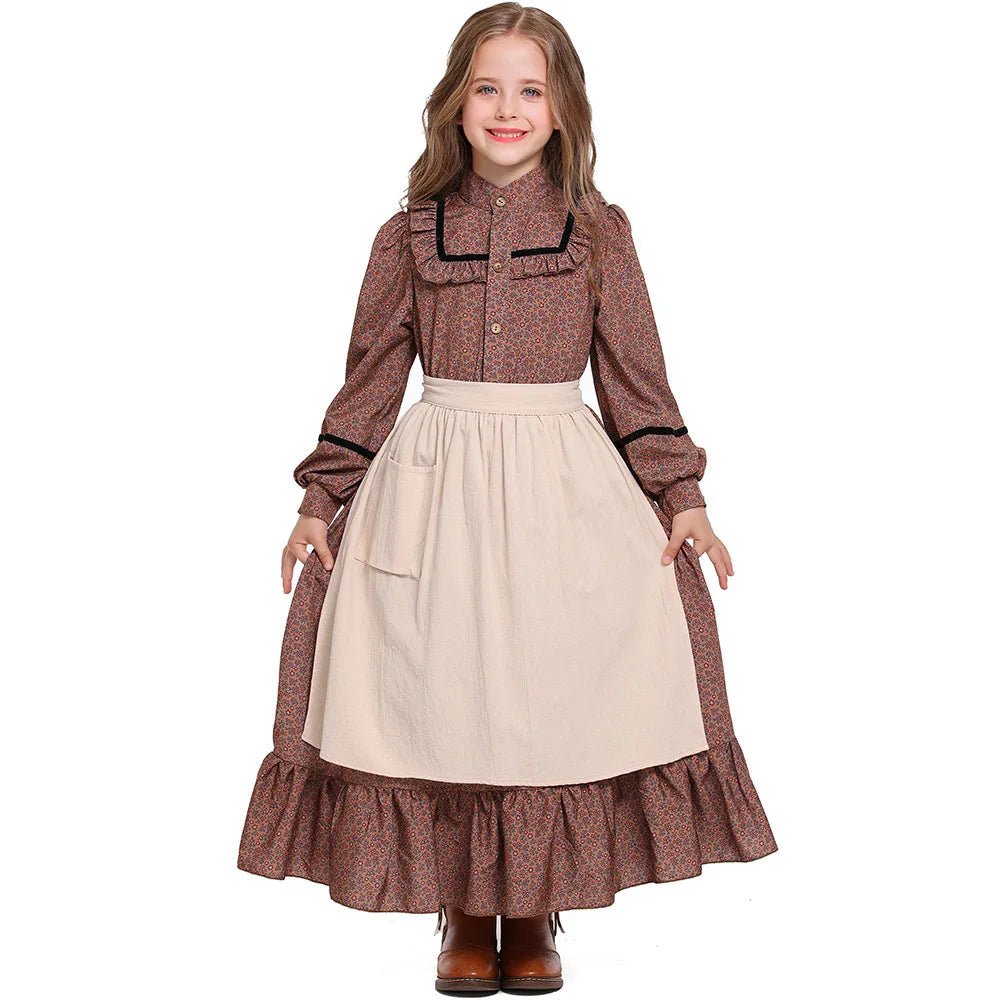 Girls Prairie Pioneer Costume Kids Colonial Floral Dress Children Retro European Village Maid Outfits Halloween Carnival Wear