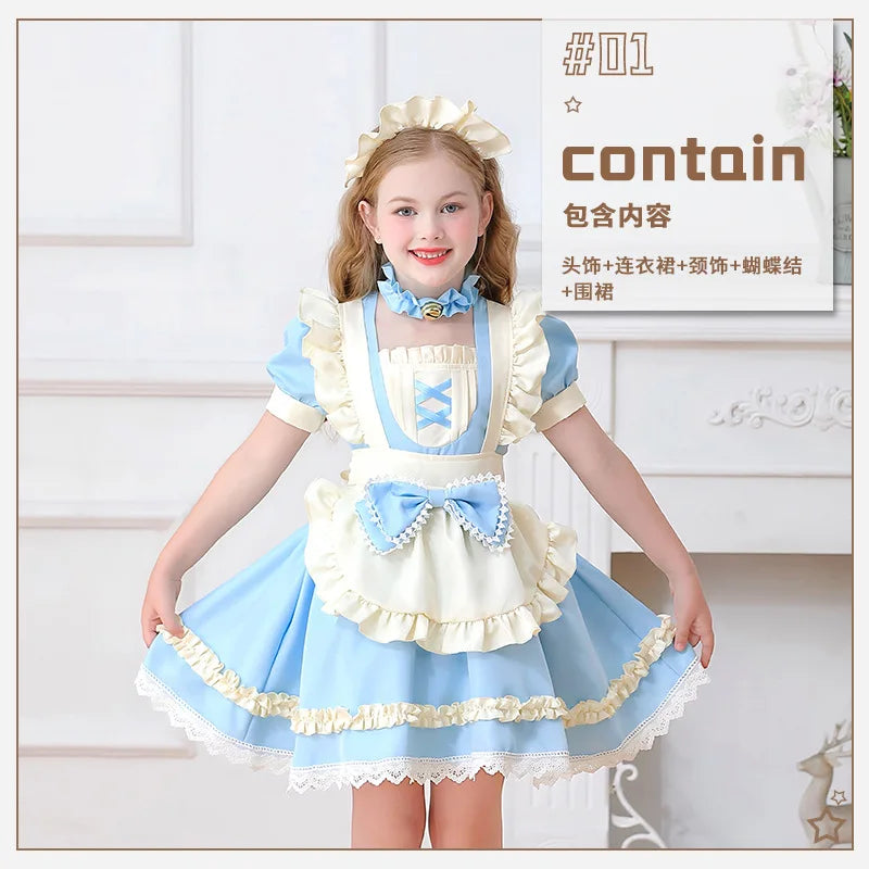 Traditional Colonial Girl Costume Kids Maid Apron Dress Children Vintage Prairie Style Outfits Stage Performance Halloween Party