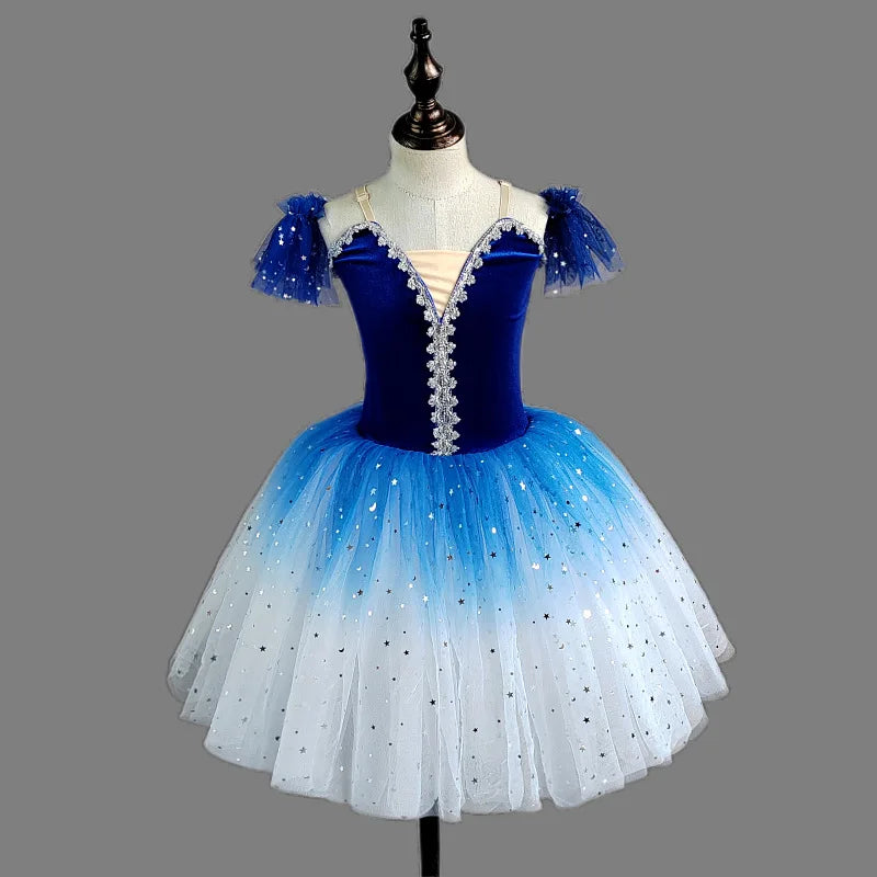 Professional Gradient Ballet Tutu Dress Kids Shiny Sequins Long Gauze Skirt Children Group Performance Outfits Princess Gown