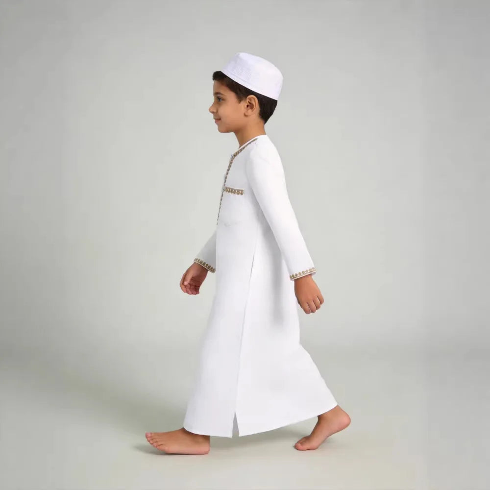 Muslim Boys Thobe Robe Embroidered Zipper Kaftan Kids Arabic Islamic Cloth Child Traditional Ethnic Abaya for Eid Ramadan Show