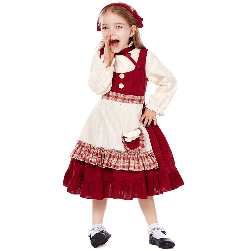 Red Little Match Girl Costume Kids Retro Lolita Maid Dress Children Fairy Tale Role Play Halloween Christmas Stage Performance