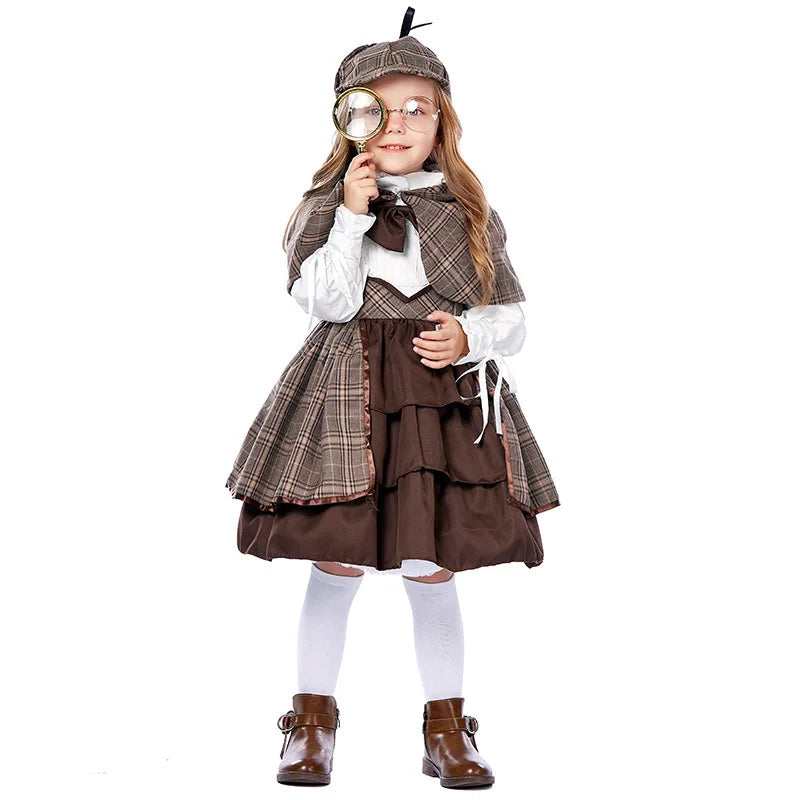 British Detective Costume for Girls Kids Sherlock Holmes Cosplay Outfit Children Retro Plaid Cape Hat Set Halloween Party Wear