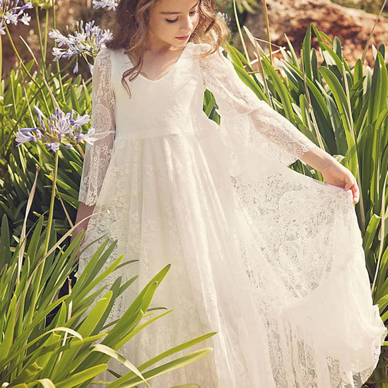 Elegant Lace Girls Princess Dress Long Sleeve Kids Flower Girl Wedding Gown Children Host Piano Performance Party Dress Vestidos