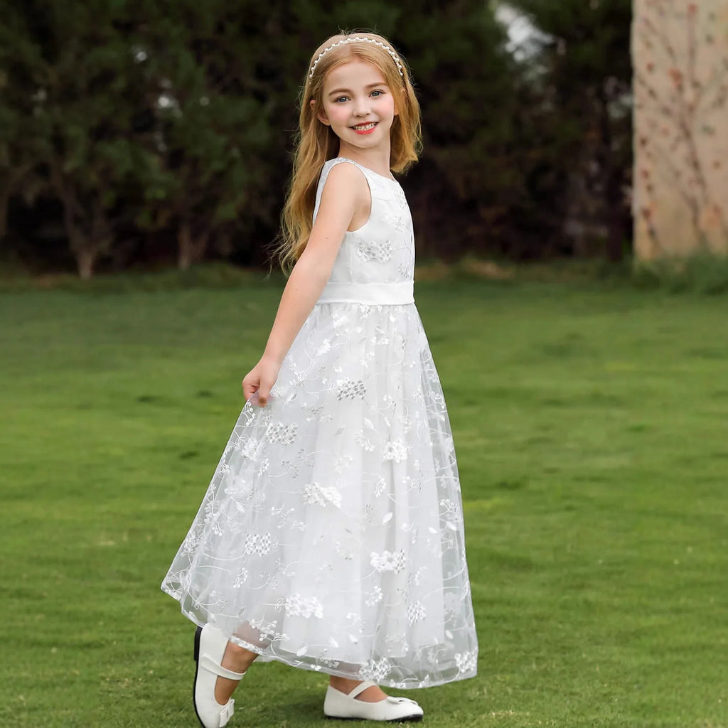 Elegant Lace White Girls Princess Dress Flower Girl Wedding Gown Kids Long Tulle Mesh Dress Child First Communion Party Vestidos