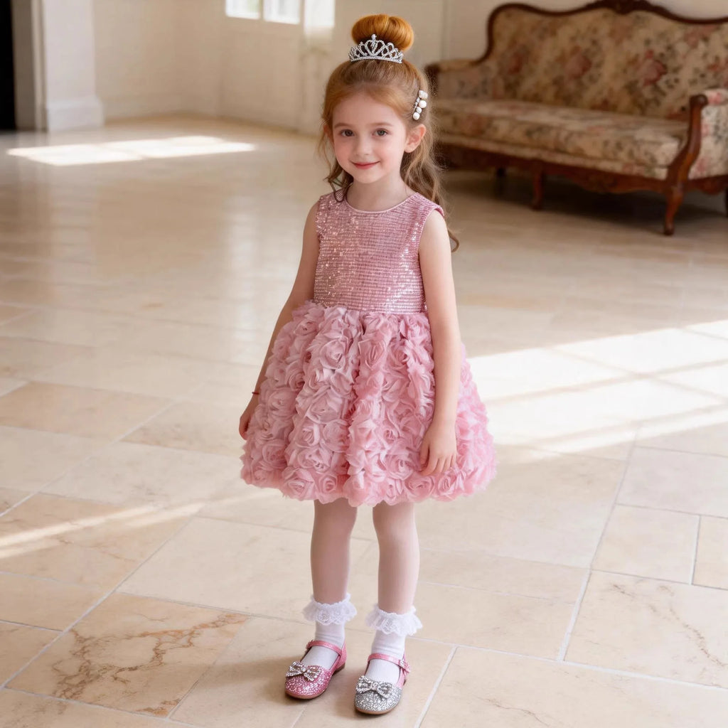 Elegant Minimalist Girls Princess Gown 3D Floral Appliques Kids Luxury Puffy Tulle Dress Children Birthday Event Outfits