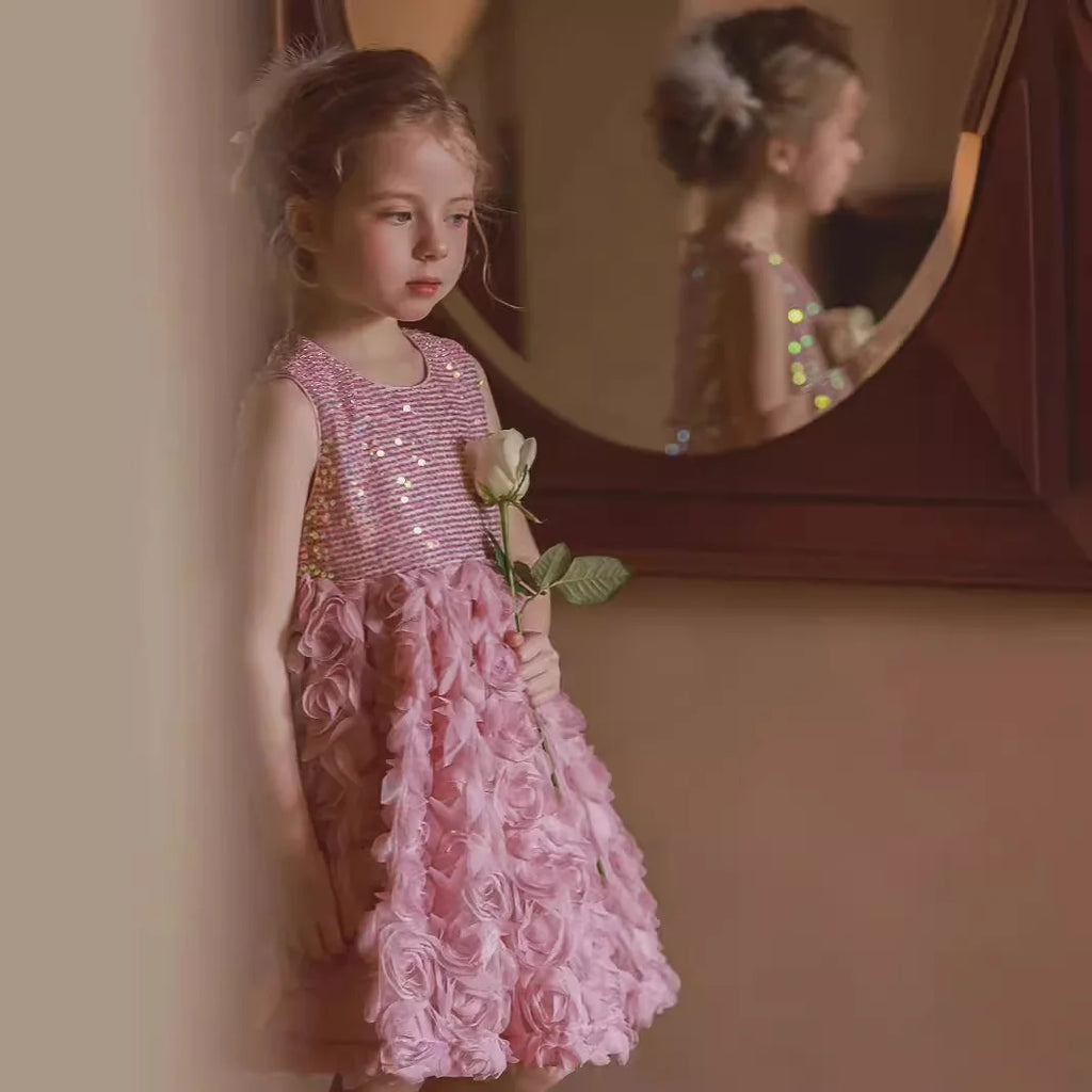 3D Rose Flower Girls Princess Dress Kids Luxury Floral Tulle Gown Toddler 1st Birthday Party Dresses Infant Performance Vestidos