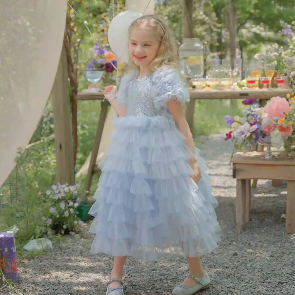 Blue Gradient Girls Party Dress Kids Sequin Layered Cake Skirt Children Princess Gown Birthday Wedding Formal Evening Vestidos