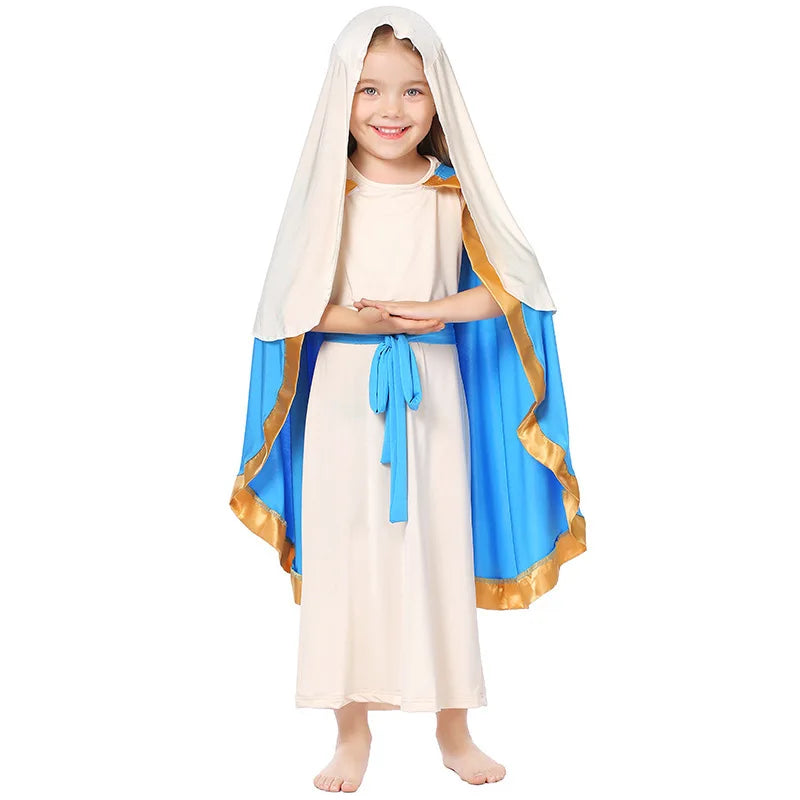 Ancient Shepherd Costume for Kids Adults Biblical Saint Joseph Cosplay Outfit Parents Children Blue Robe Halloween Party Wear