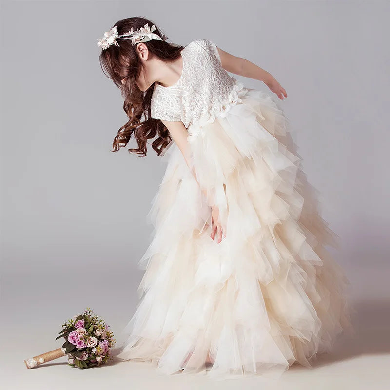 Girls Catwalk Show Dress Kids Luxury Long Princess Gown Toddler Champagne Tulle Dresses Children Performance Vestidos