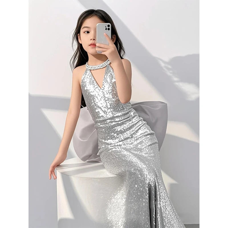 Silver Mermaid Girls Princess Dress Kids Luxury French Style Gown Sequin Host Performance Dresses Children Catwalk Show Vestidos
