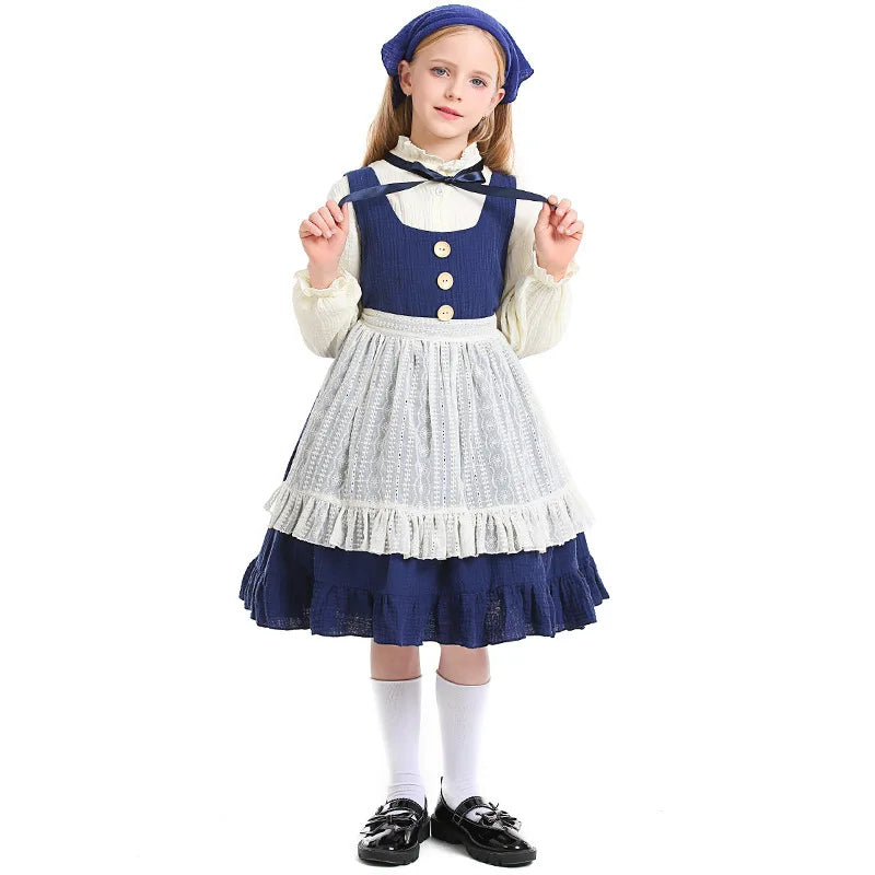 Little Match Girl Costume Kids Retro European Peasant Dress Children Victorian Farmhouse Maid Outfit Stage Performance Clothing