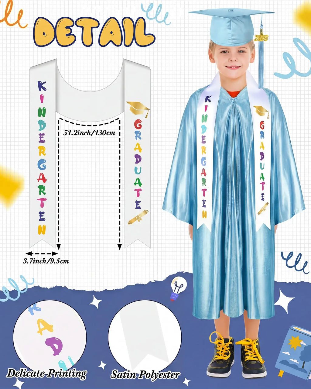 Kindergarten Graduation Cap and Gown Set for Class of 2026 Photoshoot, Satin Blink Gown