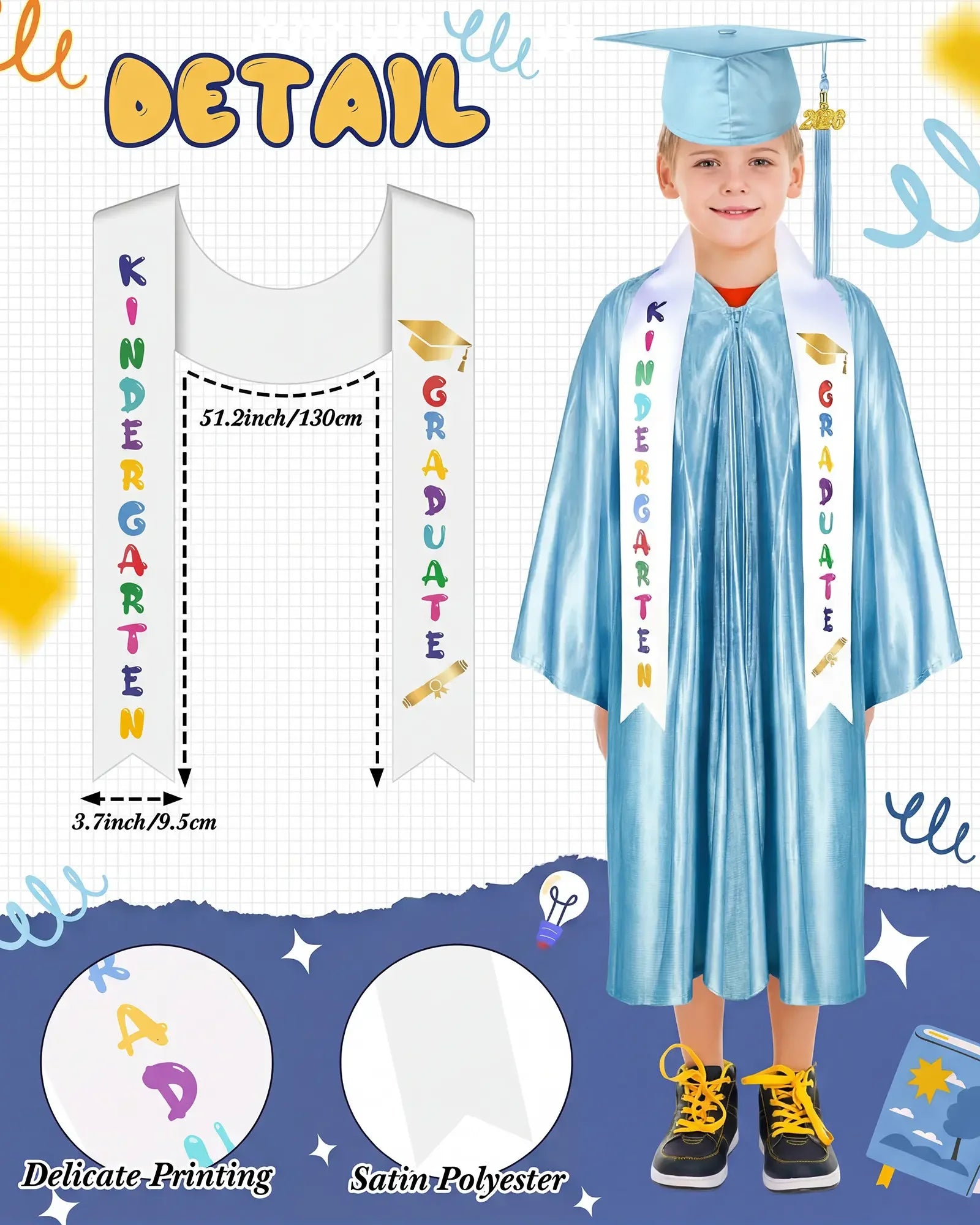 Kindergarten Graduation Cap and Gown Set for Class of 2026 Photoshoot, Satin Blink Gown