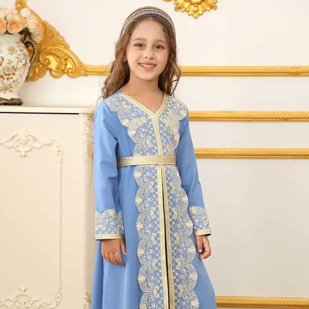 Turkish Style Girls Princess Dress Elegant Lace Trim Gown Kids Luxury Kaftan Dress Child Birthday Party Event Outfits Vestidos