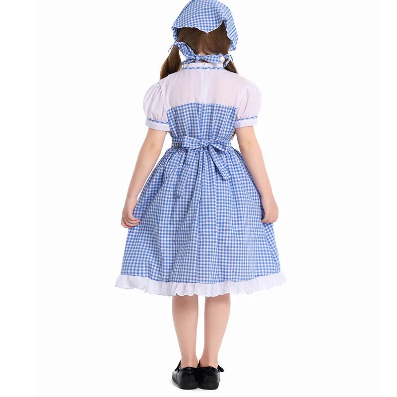 Blue Plaid Girls Dress with Headscarf Kids Gingham Maid Costume Children Fairy Tale Role Play Halloween Stage Performance Cloth