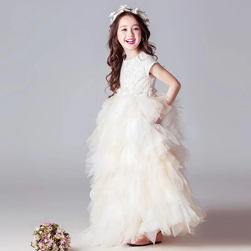 Girls Catwalk Show Dress Kids Luxury Long Princess Gown Toddler Champagne Tulle Dresses Children Performance Vestidos