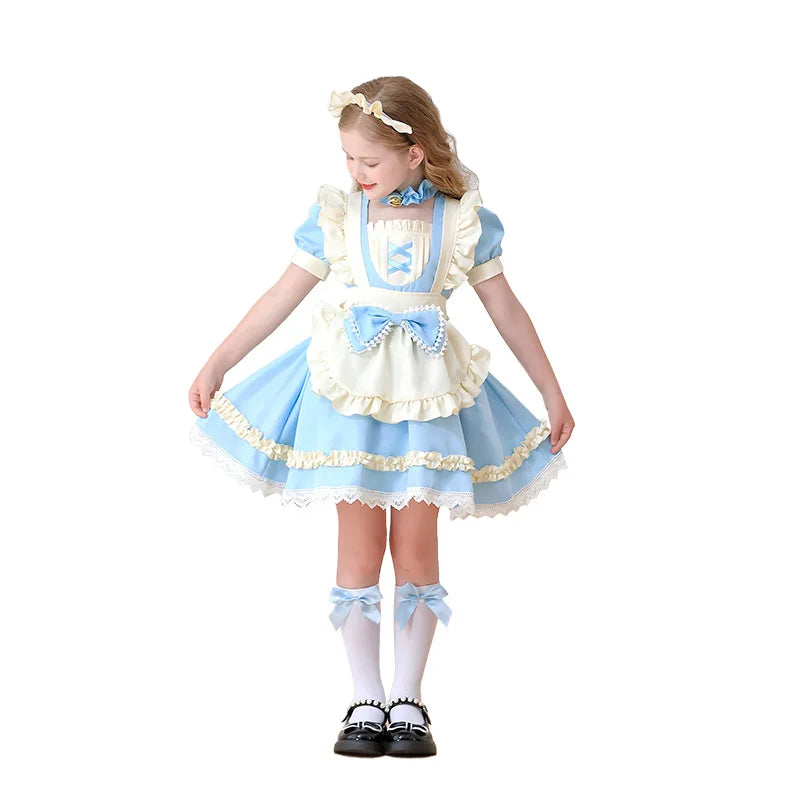 Traditional Colonial Girl Costume Kids Maid Apron Dress Children Vintage Prairie Style Outfits Stage Performance Halloween Party