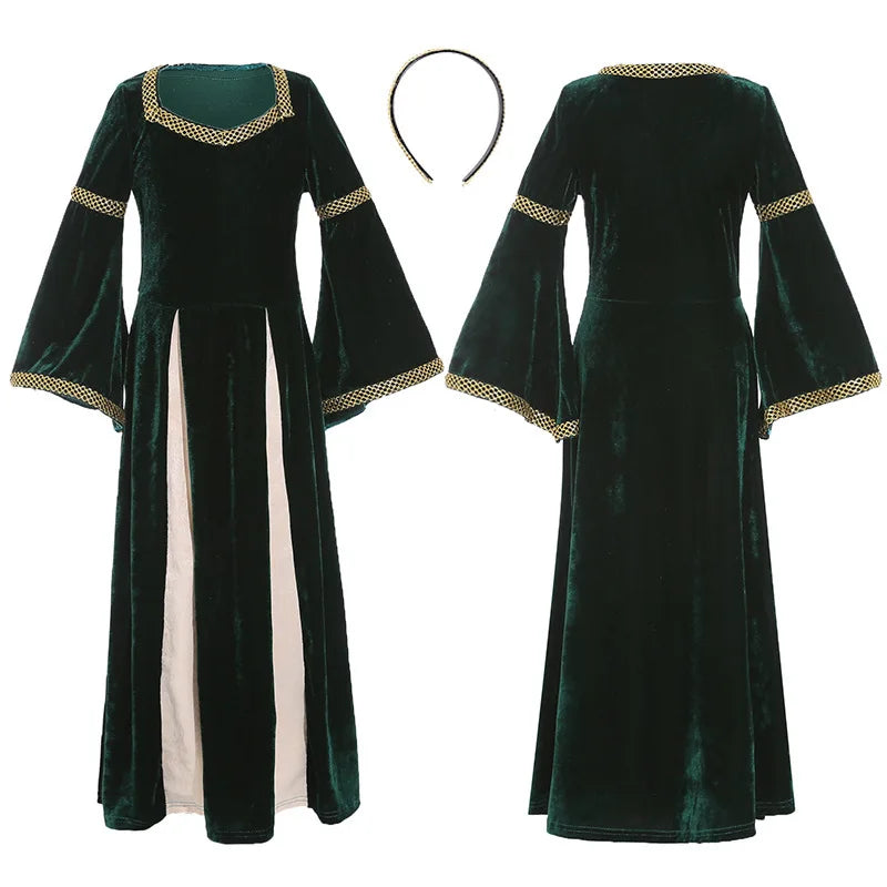 Renaissance Medieval Girls Costume Kids Victorian Royal Court Dress Children Vintage Flare Sleeve Gown Stage Performance Outfits