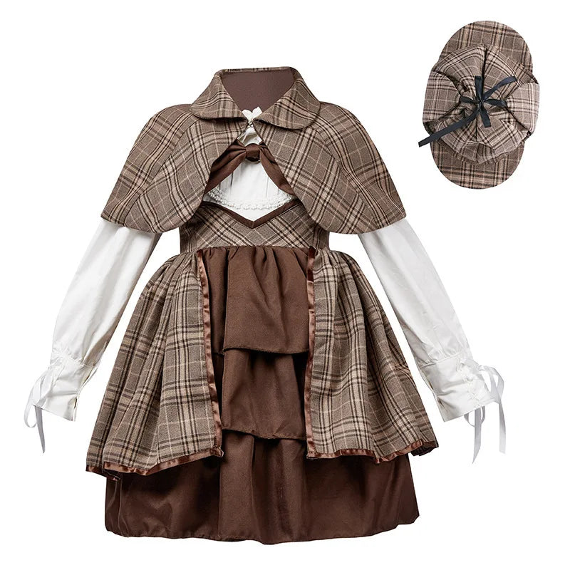British Detective Costume for Girls Kids Sherlock Holmes Cosplay Outfit Children Retro Plaid Cape Hat Set Halloween Party Wear