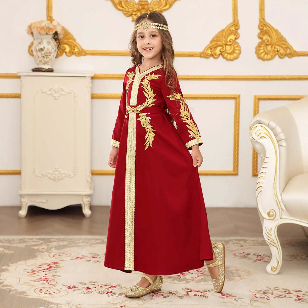Elegant Embroidered Girls Princess Dress with Belt Long Sleeve Kids Lace Trim Gown Children Formal Party Event Dress Vestidos