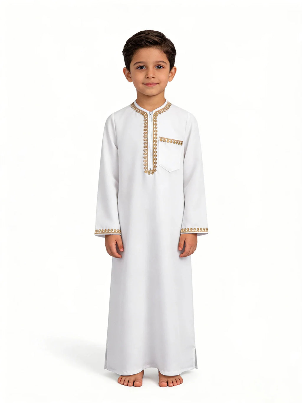 Muslim Boys Thobe Robe Embroidered Zipper Kaftan Kids Arabic Islamic Cloth Child Traditional Ethnic Abaya for Eid Ramadan Show