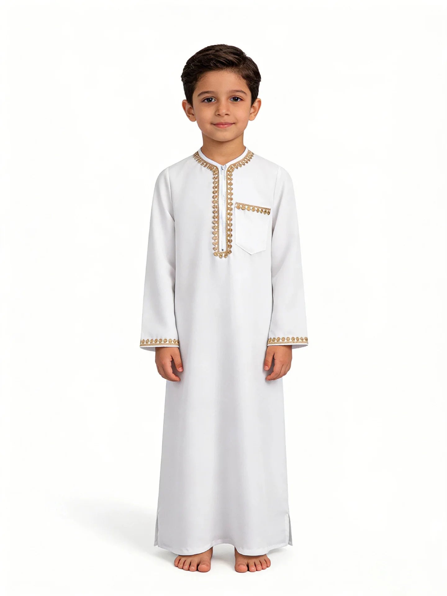 Muslim Boys Thobe Robe Embroidered Zipper Kaftan Kids Arabic Islamic Cloth Child Traditional Ethnic Abaya for Eid Ramadan Show