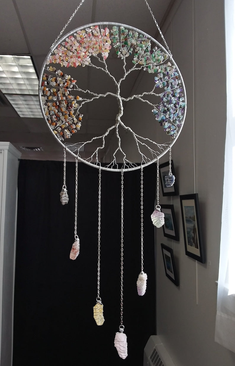 Four Season Tree of Life Sun Catcher- Handmade, Healing Stone, Light Catcher Spring, Summer, Fall, Winter, Window Ornaments