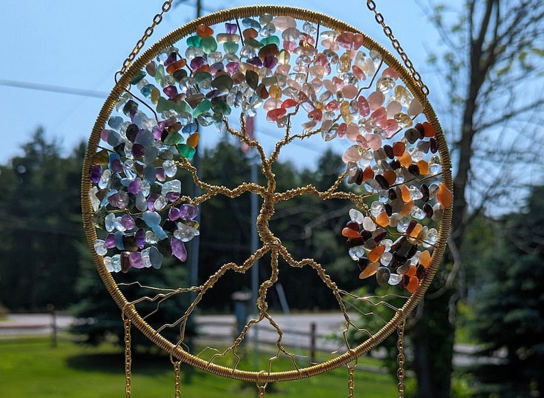 Four Season Tree of Life Sun Catcher- Handmade, Healing Stone, Light Catcher Spring, Summer, Fall, Winter, Window Ornaments