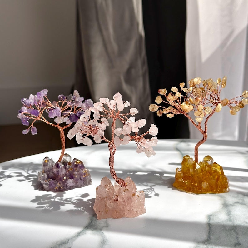 Crystal Tree Decor: Amethyst, Citrine, Rose Quartz Gemstone Sculpture