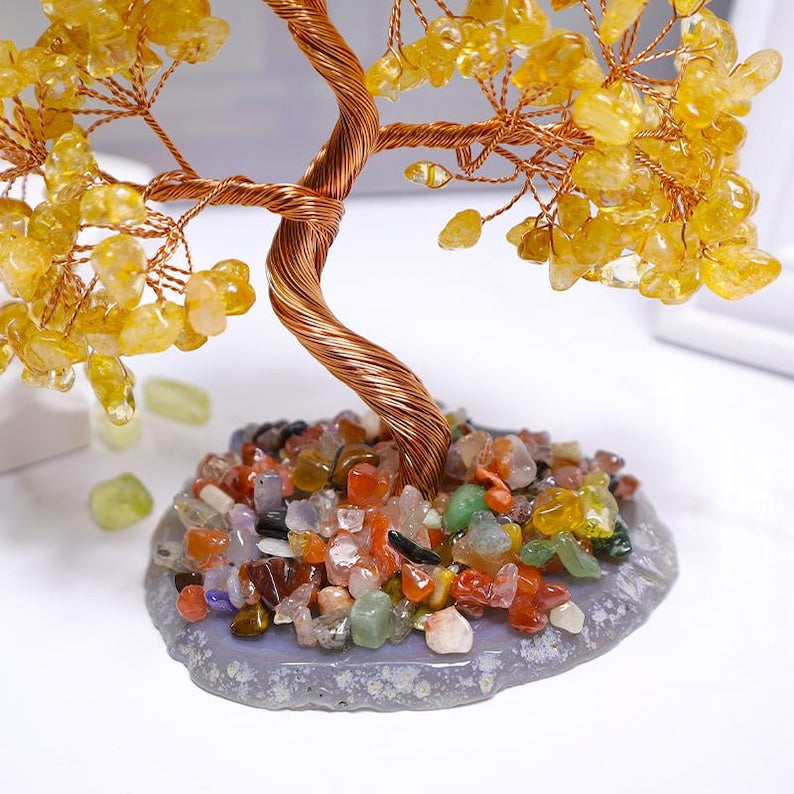 Citrine Crystal Tree on Agate Base: Gemstone Bonsai, Healing Crystals, 6.3"