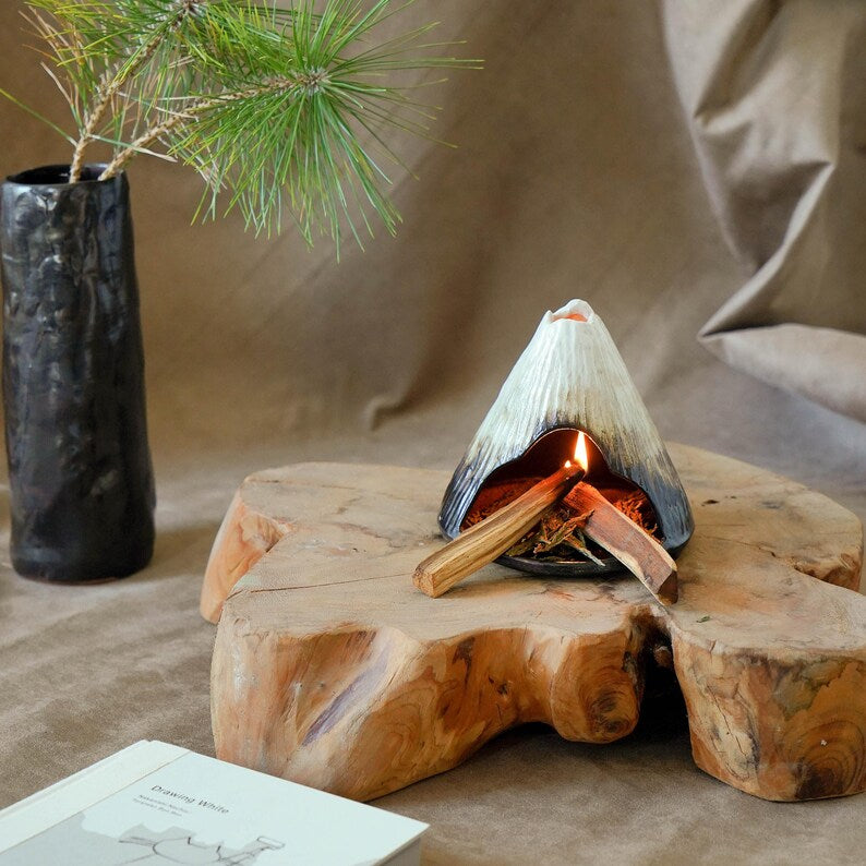 Palo Santo Holder, Wabi-Sabi Ceramic Incense Holder, Mountain Chimney Smudge Burner for Sage & Incense Cones, Ash Catcher, Zen Decor