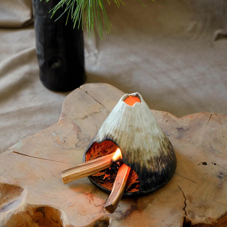 Palo Santo Holder, Wabi-Sabi Ceramic Incense Holder, Mountain Chimney Smudge Burner for Sage & Incense Cones, Ash Catcher, Zen Decor