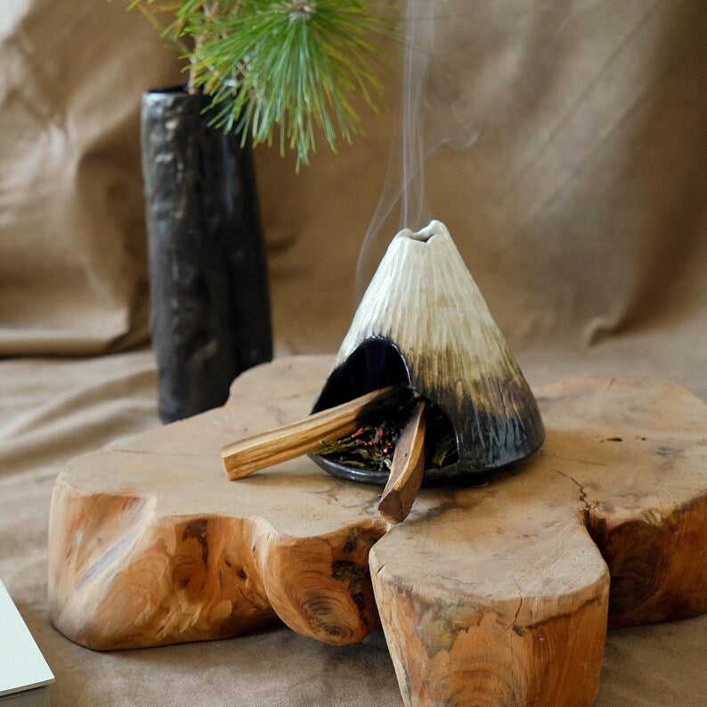 Palo Santo Holder, Wabi-Sabi Ceramic Incense Holder, Mountain Chimney Smudge Burner for Sage & Incense Cones, Ash Catcher, Zen Decor